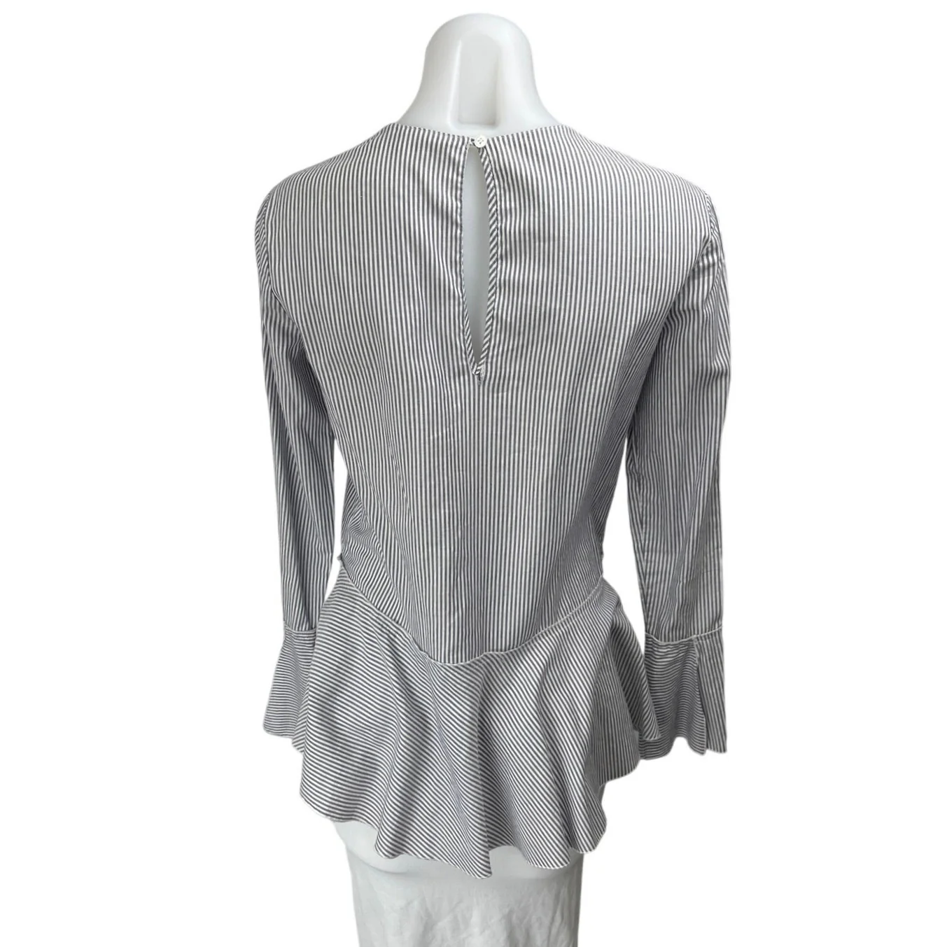 Theory Lexanda Mason White Blue Striped Long Bell Sleeve Peplum Blouse Top Sz XS - Image 2