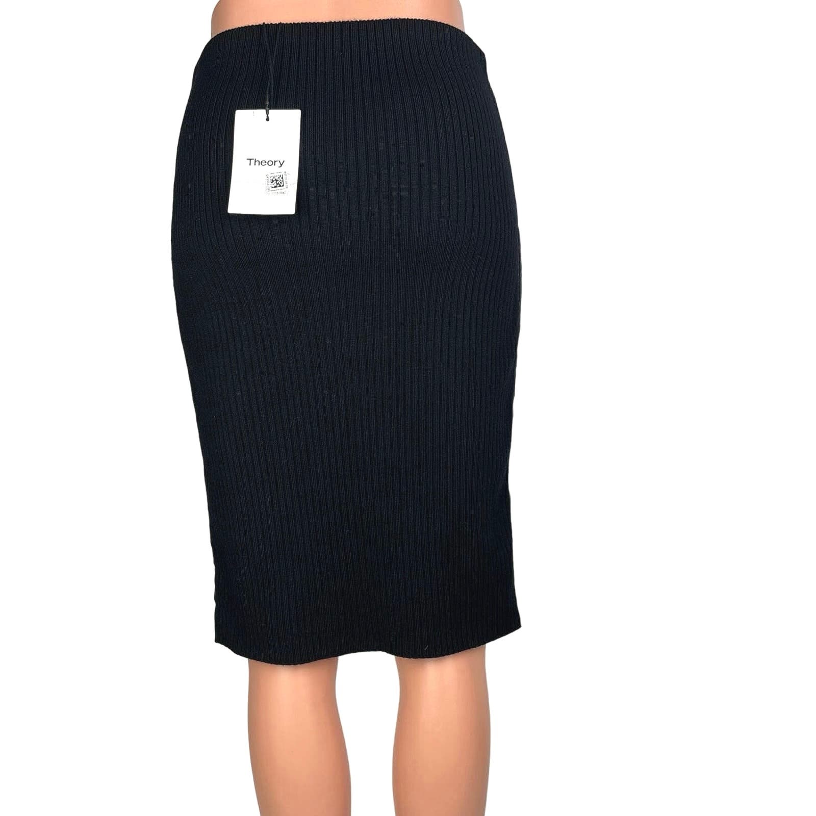 Theory NWT $495 Black Leather Ribbed Merino Wool Pencil Straight Midi Skirt XSP - Image 3