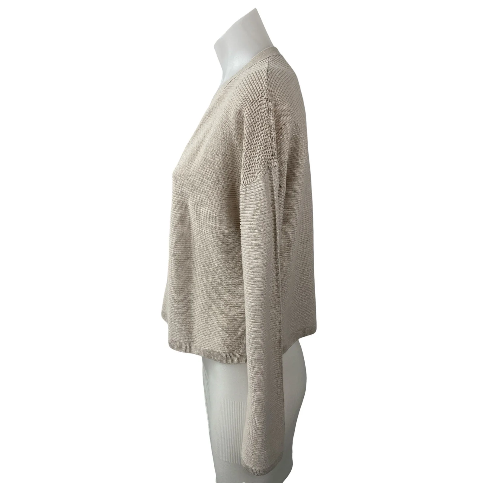 Theory Women's Beige Linen Knit Long Sleeve V Neck Button Up Cardigan Sweater M - Image 3