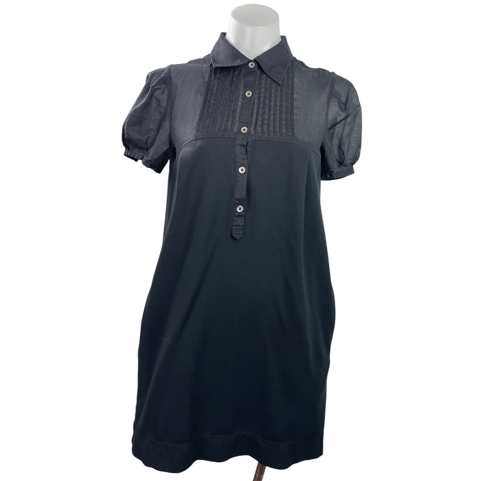 Theory Women's Black Button Puff Short Sleeve Collared Mini Shirt Shift Dress M