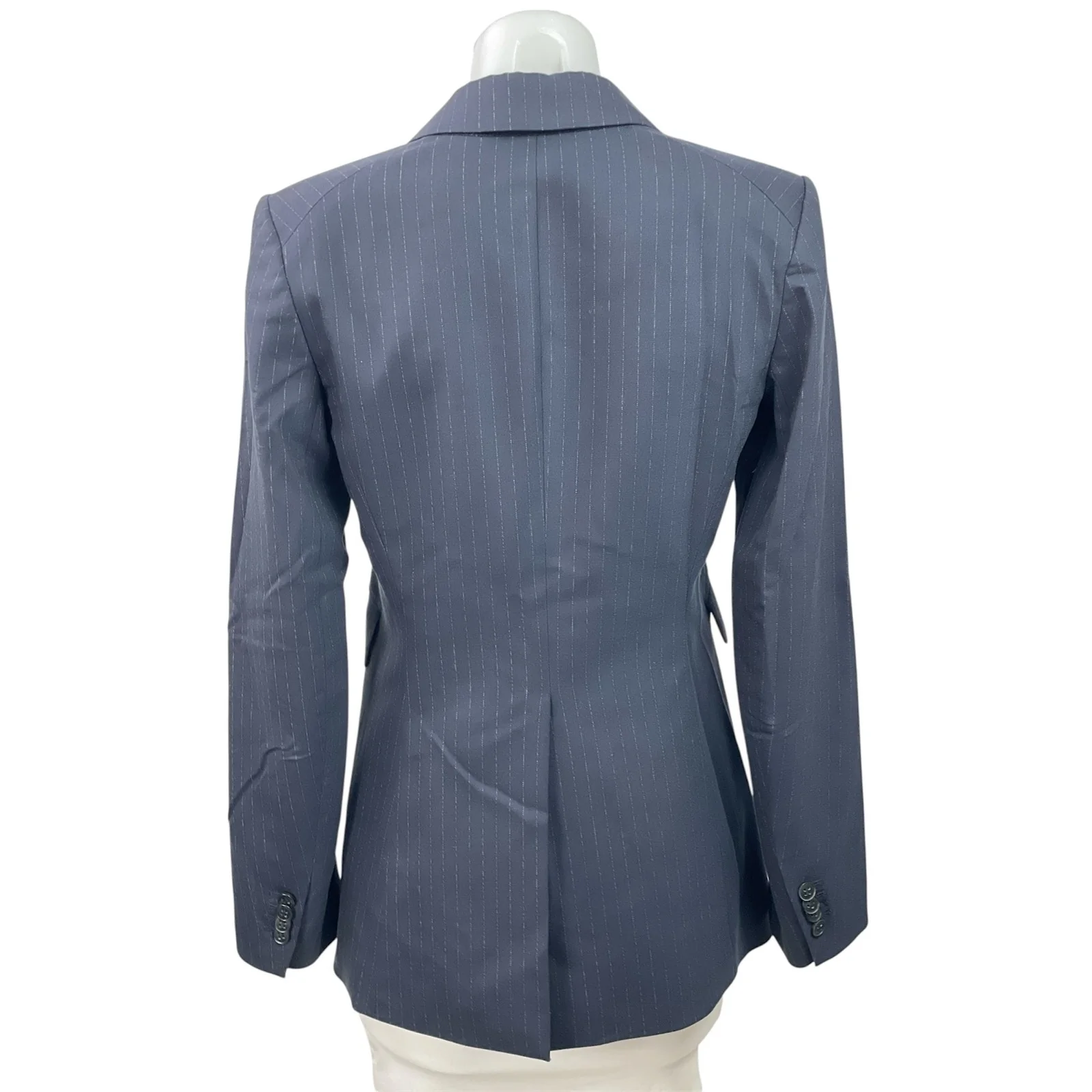Theory Women's Navy Blue Pinstriped Peak Lapel Blazer Coat Suit Jacket Size 8 - Image 3