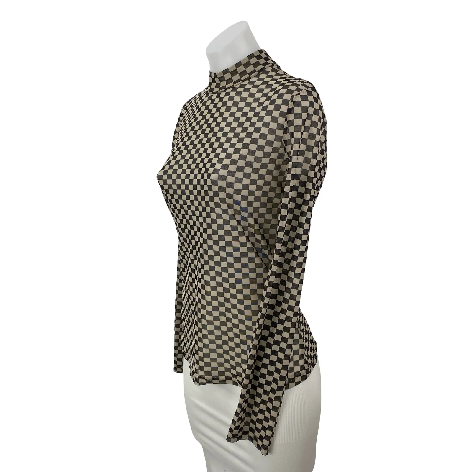 Things I Like Things I Love Beige Checkered Long Sleeve Mock Neck Blouse Top S - Image 2