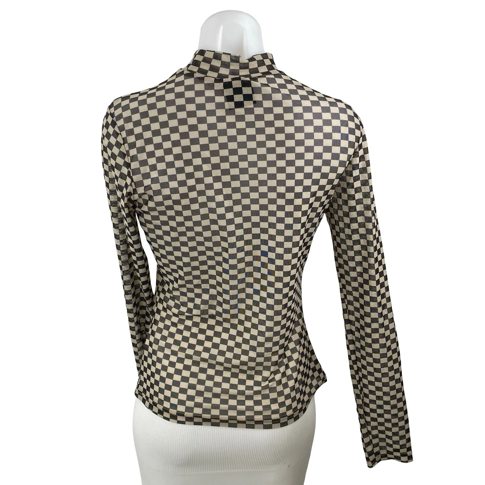 Things I Like Things I Love Beige Checkered Long Sleeve Mock Neck Blouse Top S - Image 4