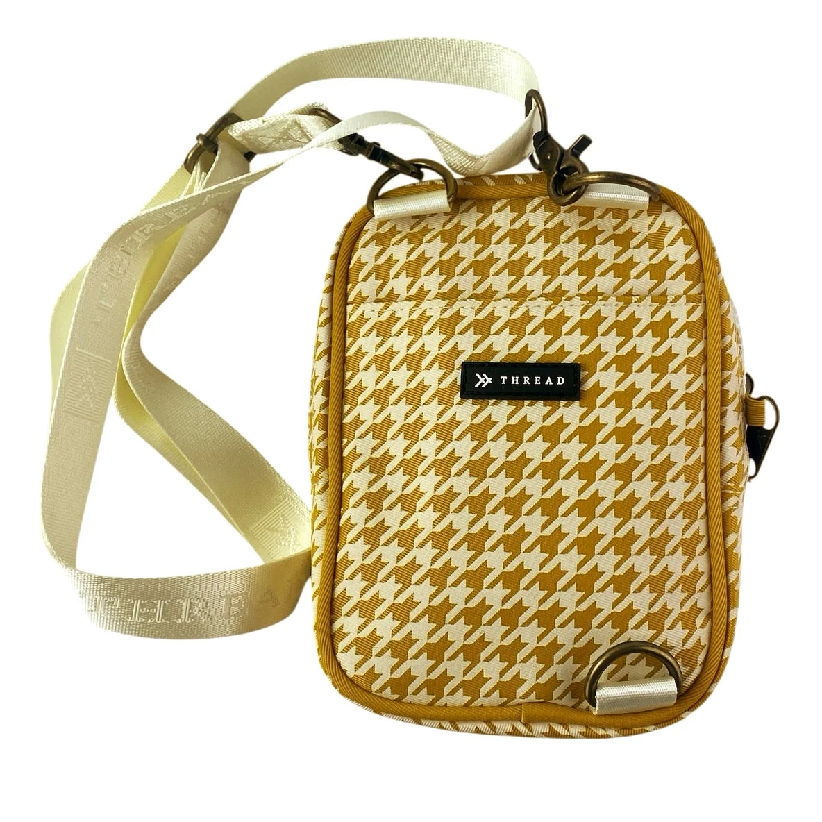 Thread Yellow White Houndstooth Crossbody Sling Bag Wallet Pouch Handbag OS - Image 2