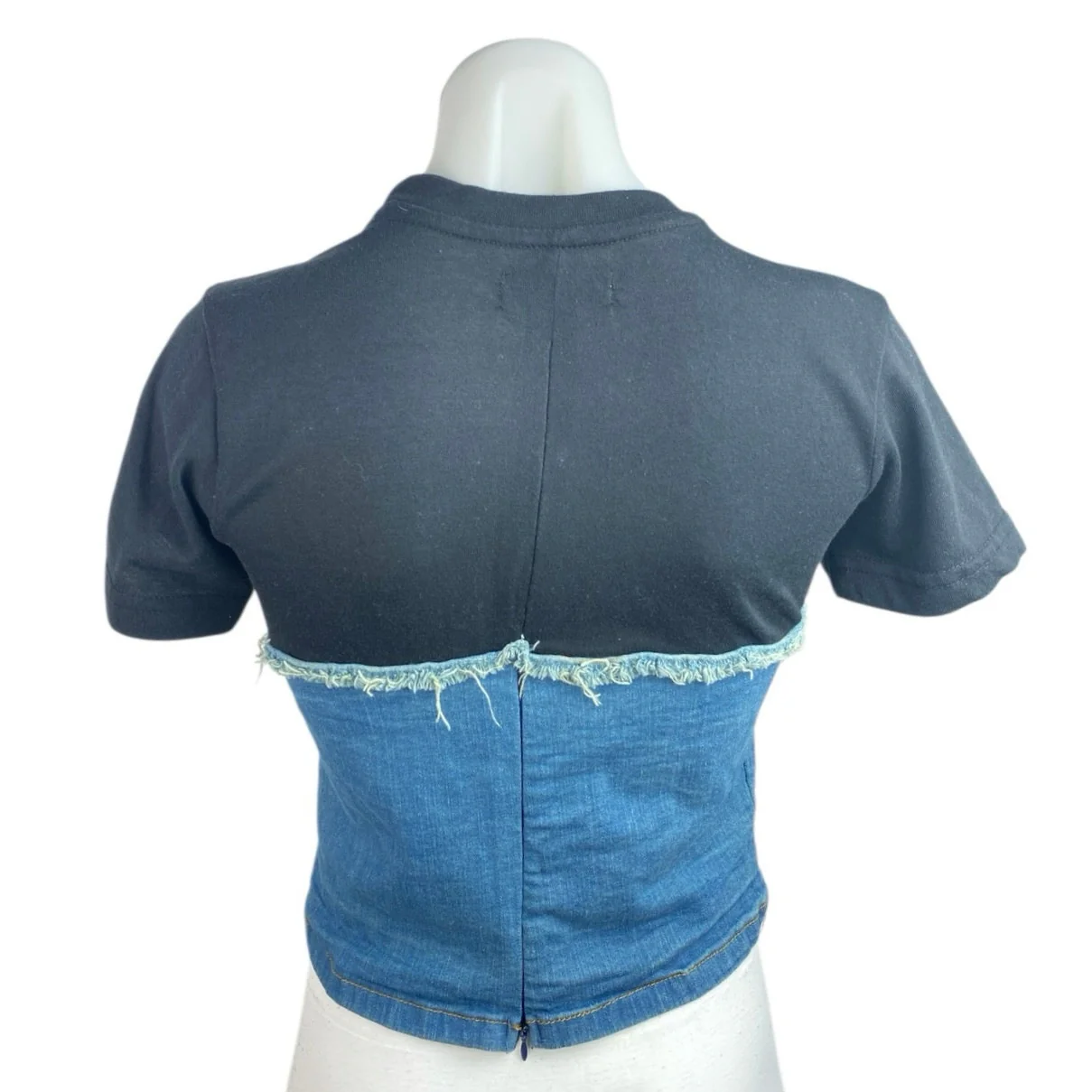 Thrill Women Blue Black Patchwork Colorblock Denim Jeans Frayed Tshirt Tee Top M - Image 2