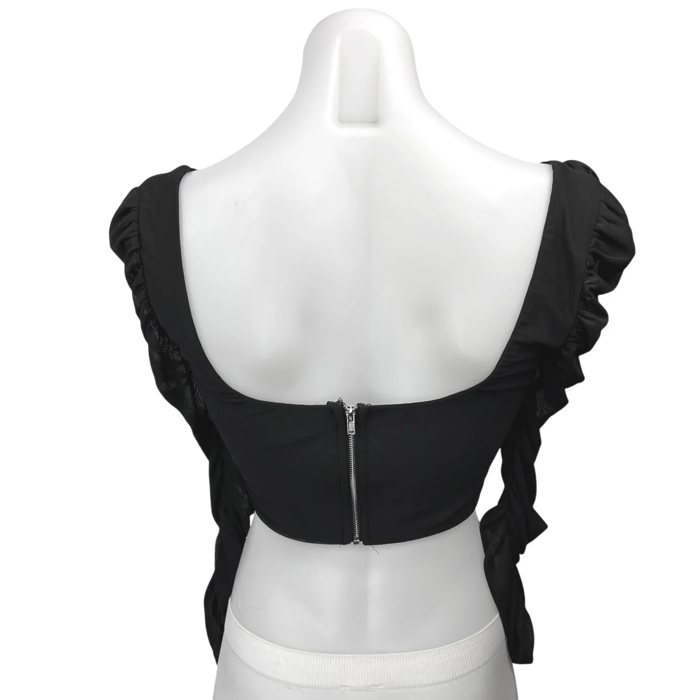 Tic Toc Black Ruched Puff Long Sleeve Mesh Square Neck Corset Crop Top Size M - Image 2