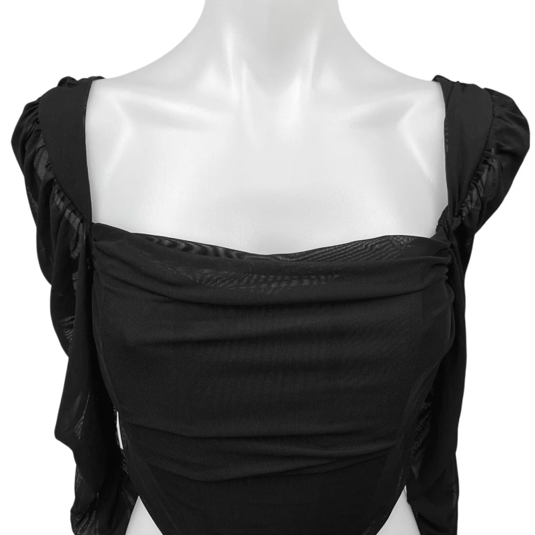 Tic Toc Black Ruched Puff Long Sleeve Mesh Square Neck Corset Crop Top Size M - Image 3