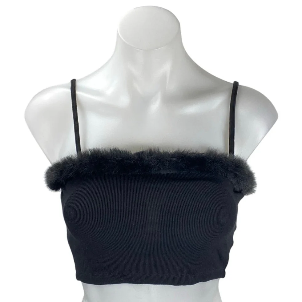 Tic Toc Women's Black Sleeveless Ribbed Faux Fur Cami Camisole Crop Tank Top S