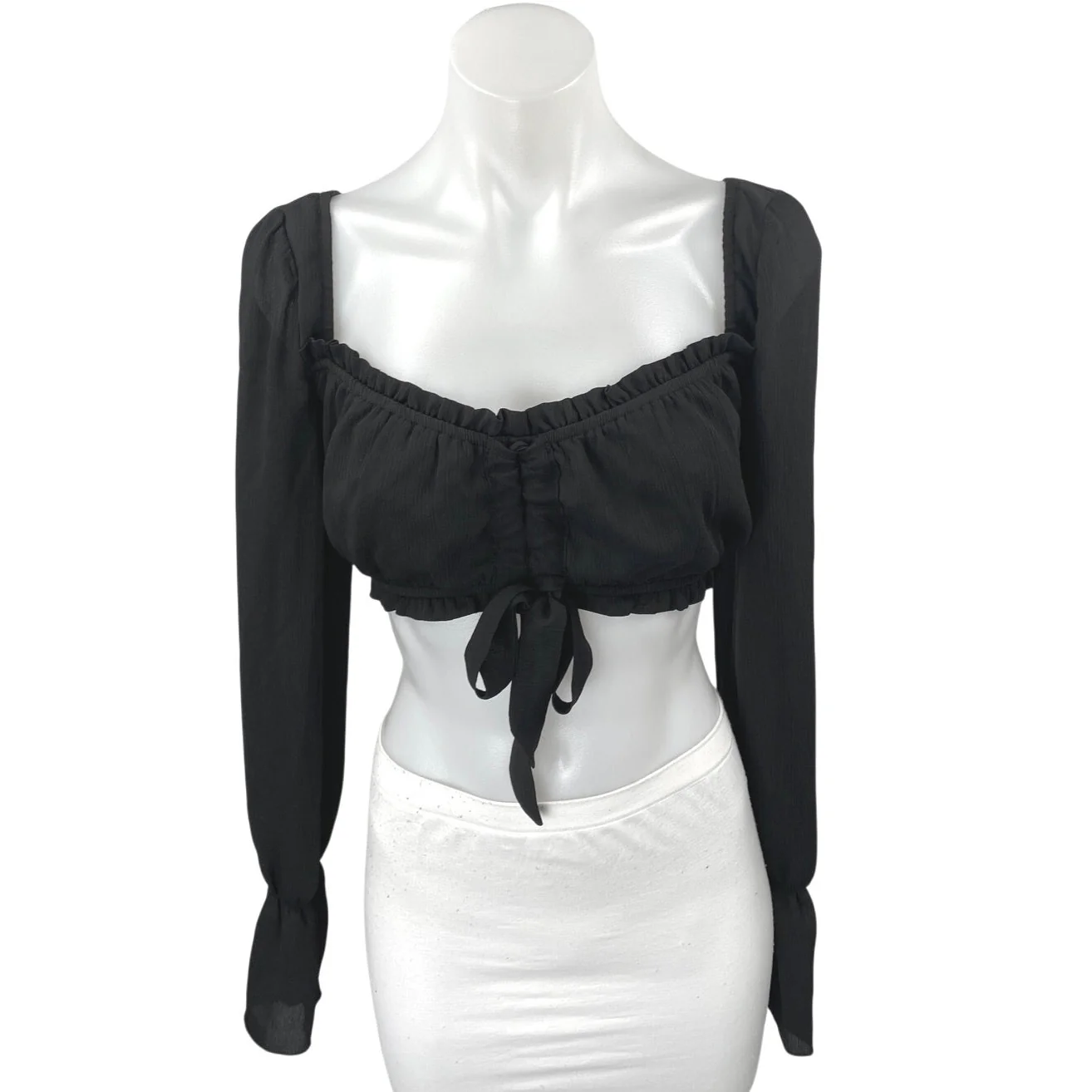 Tiger Mist Black Long Sleeve Ruffle Ruched Tie Back Blouse Crop Top Size M