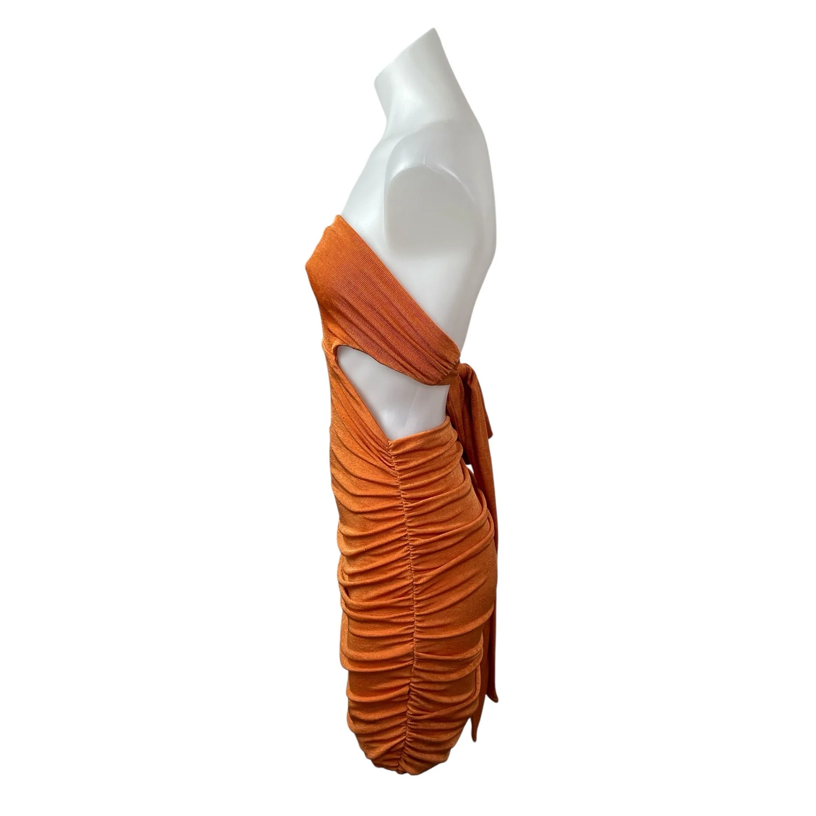 Tiger Mist Coral Strapless Tube Bandeau Cutout Tie Ruched Mini Bodycon Dress M - Image 2