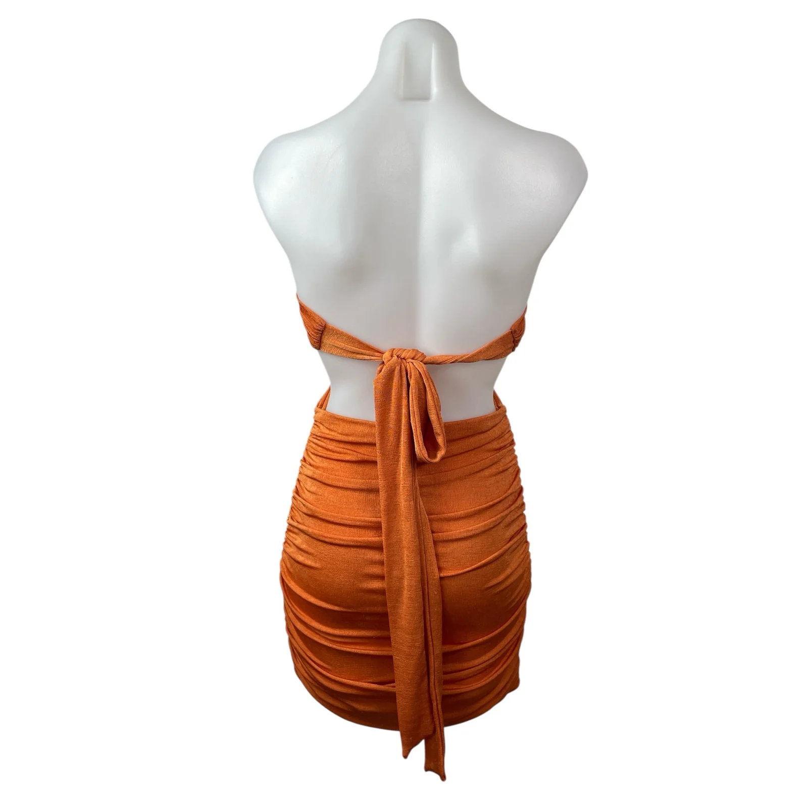 Tiger Mist Coral Strapless Tube Bandeau Cutout Tie Ruched Mini Bodycon Dress M - Image 3