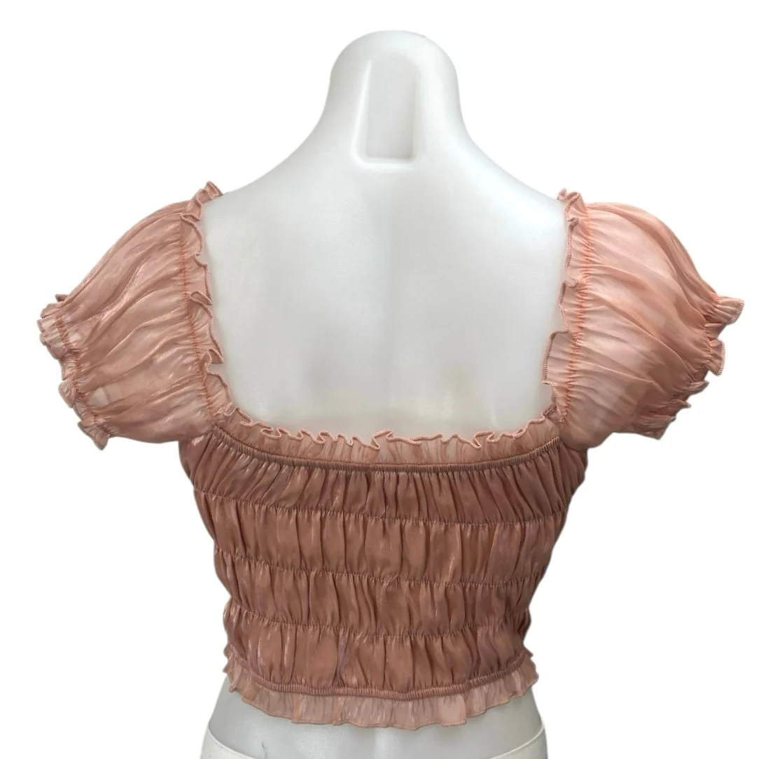 Tiger Mist Pink Metallic Ruched Cinched Short Puff Sleeve Crop Blouse Top Size M - Image 3