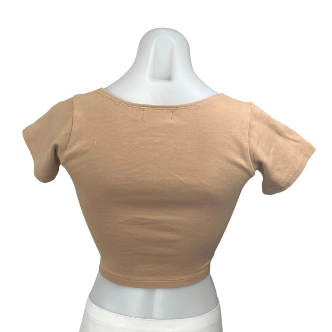 Tiger Mist Tan Beige Short Sleeve Knit Keyhole Scoop T Shirt Tee Crop Top Size S - Image 2