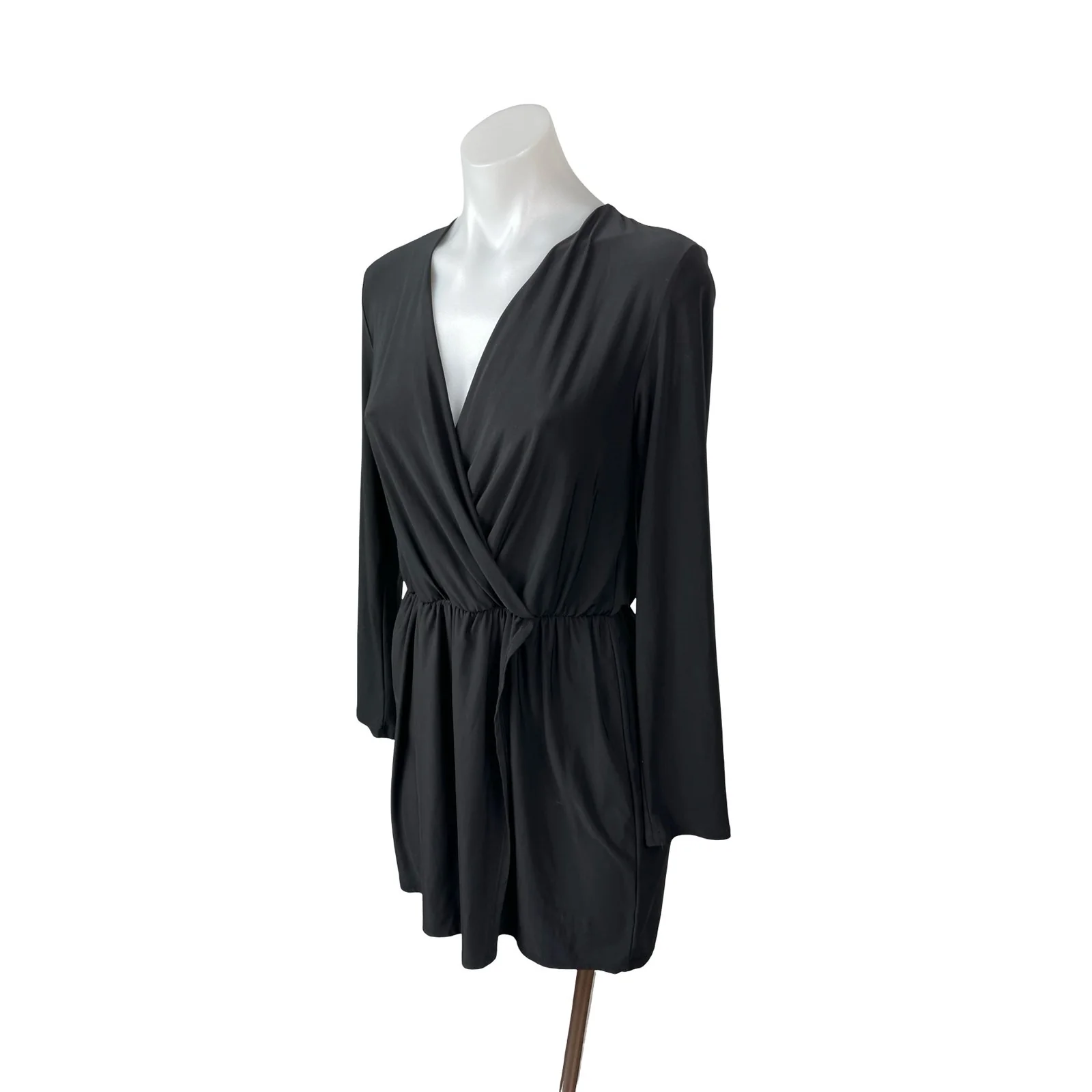 Tobi Womens Black Long Sleeve Faux Wrap Drape V Neck Mini Blouson Dress Size S/M - Image 2