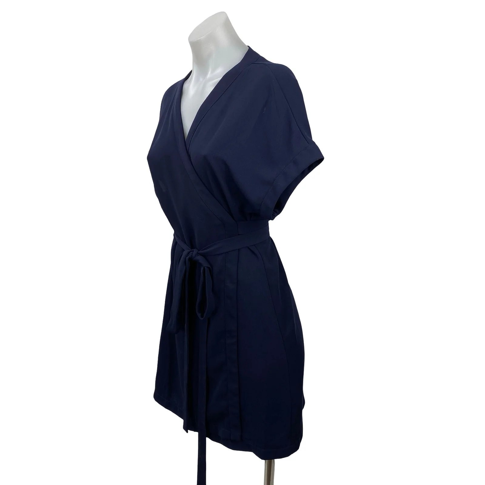 Tobi Women's Navy Blue V Neck Short Sleeve Tie Waist Midi A-Line Wrap Dress Sz S - Image 3