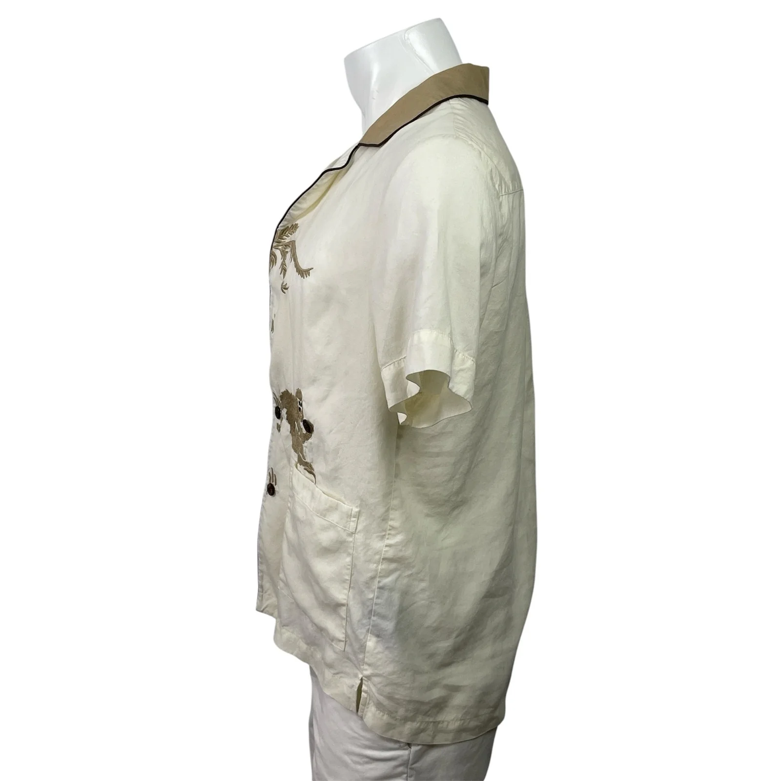 Tombolo Men's White Beige Embroidered Short Sleeve Button Down Shirt Top Size S - Image 2