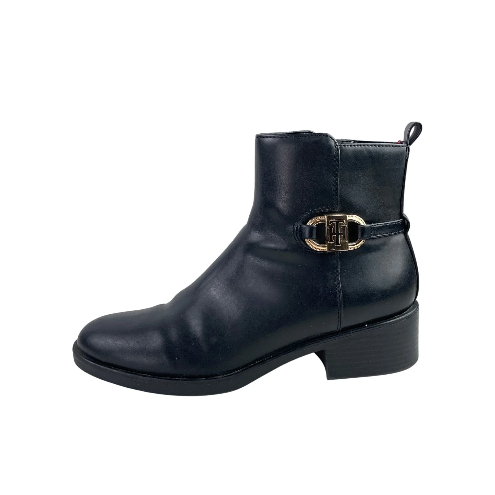 Tommy Hilfiger Women's Black Leather Round Toe Block Heel Ankle Booties Boots 8