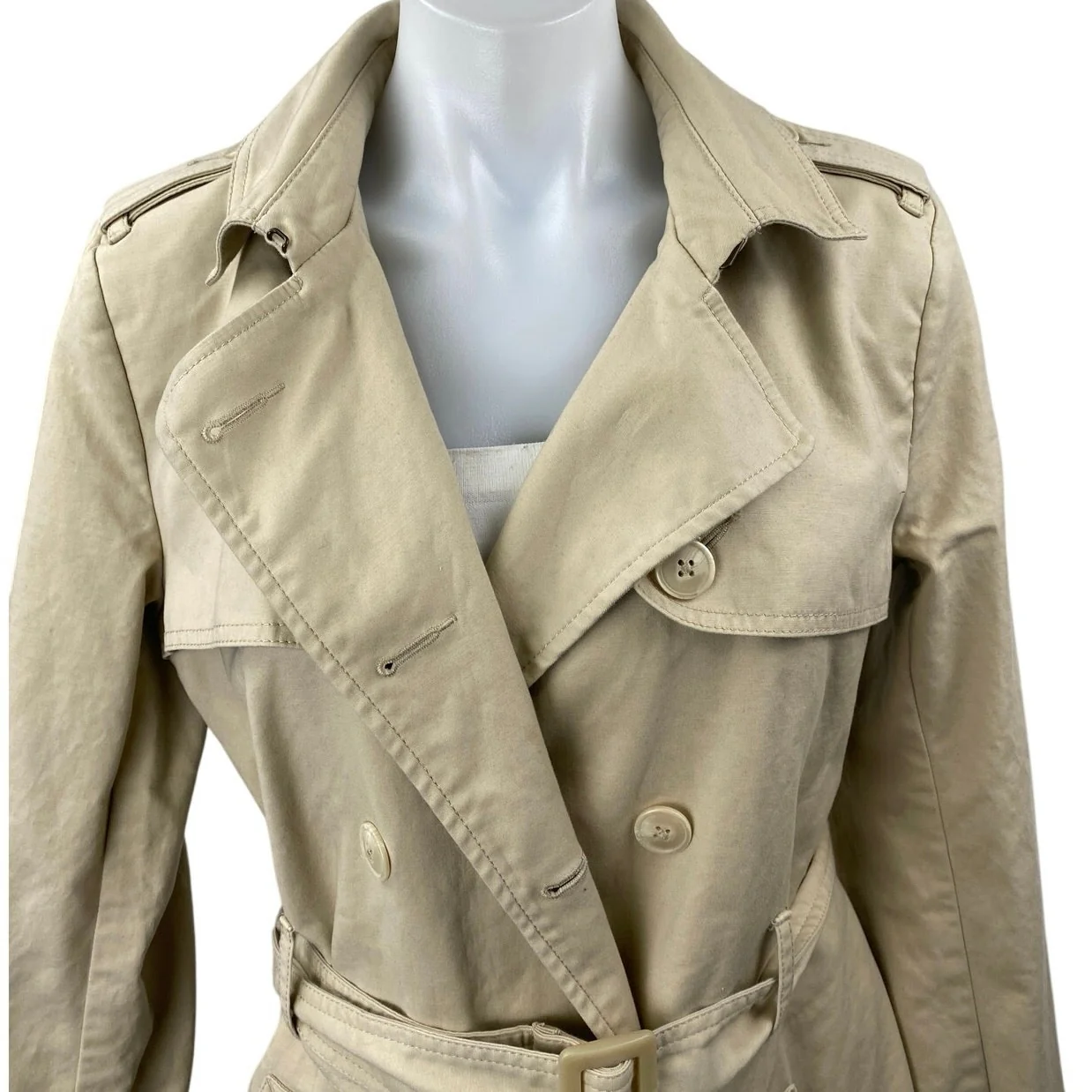 Tommy Hilfiger Women's Khaki Double Breasted Tie Waist Trench Coat Jacket Size M - Image 4