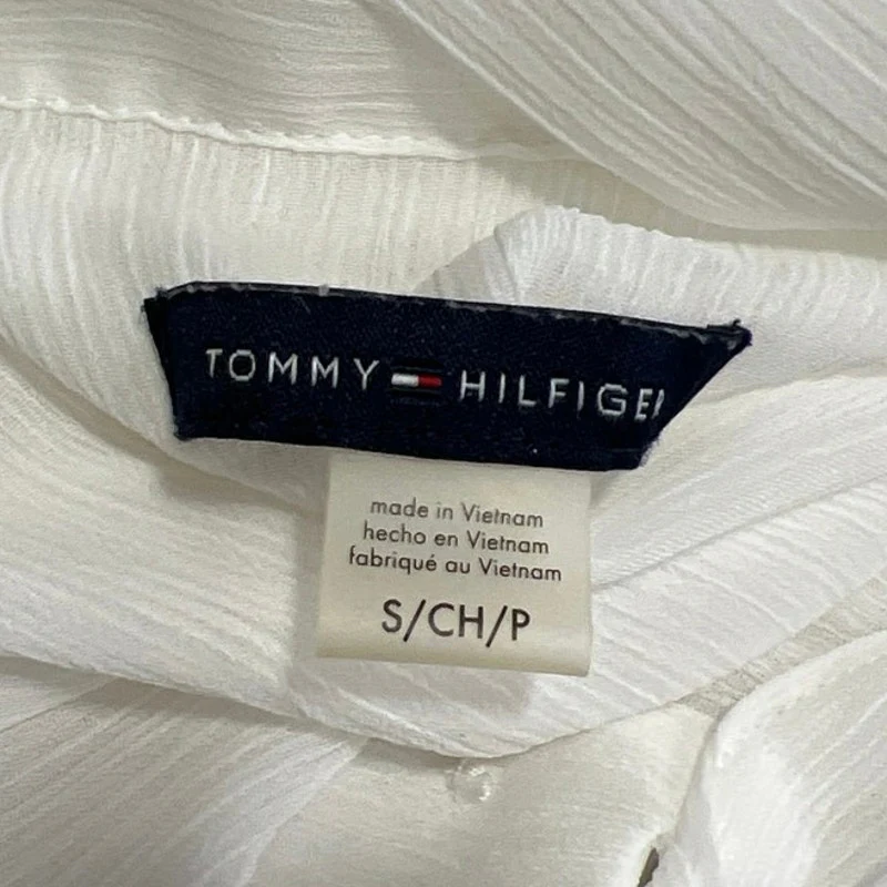 Tommy Hilfiger Women's White Flutter Sleeve Tie Neck Button Shirt Blouse Top S - Image 3