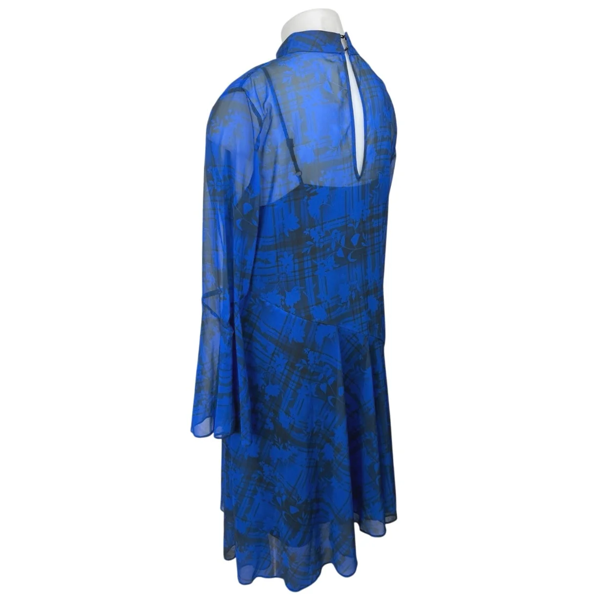 Topshop Blue Checkered Floral Fluted Seamed Asymmetric High Neck Midi Dress 14 - Image 2