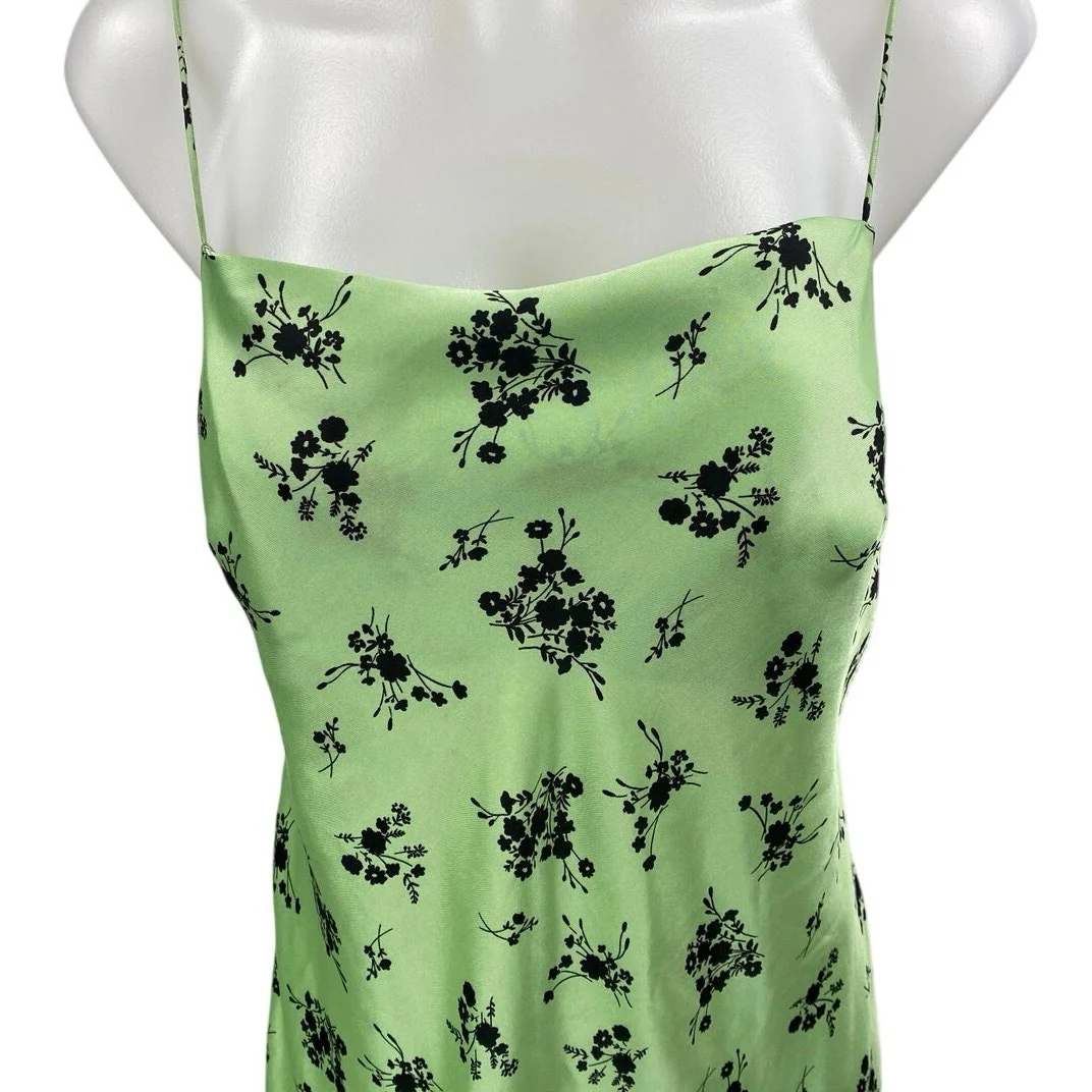 Topshop Green Black Floral Silk Satin Sleeveless Cami Tank Midi Slip Dress Sz 10 - Image 3