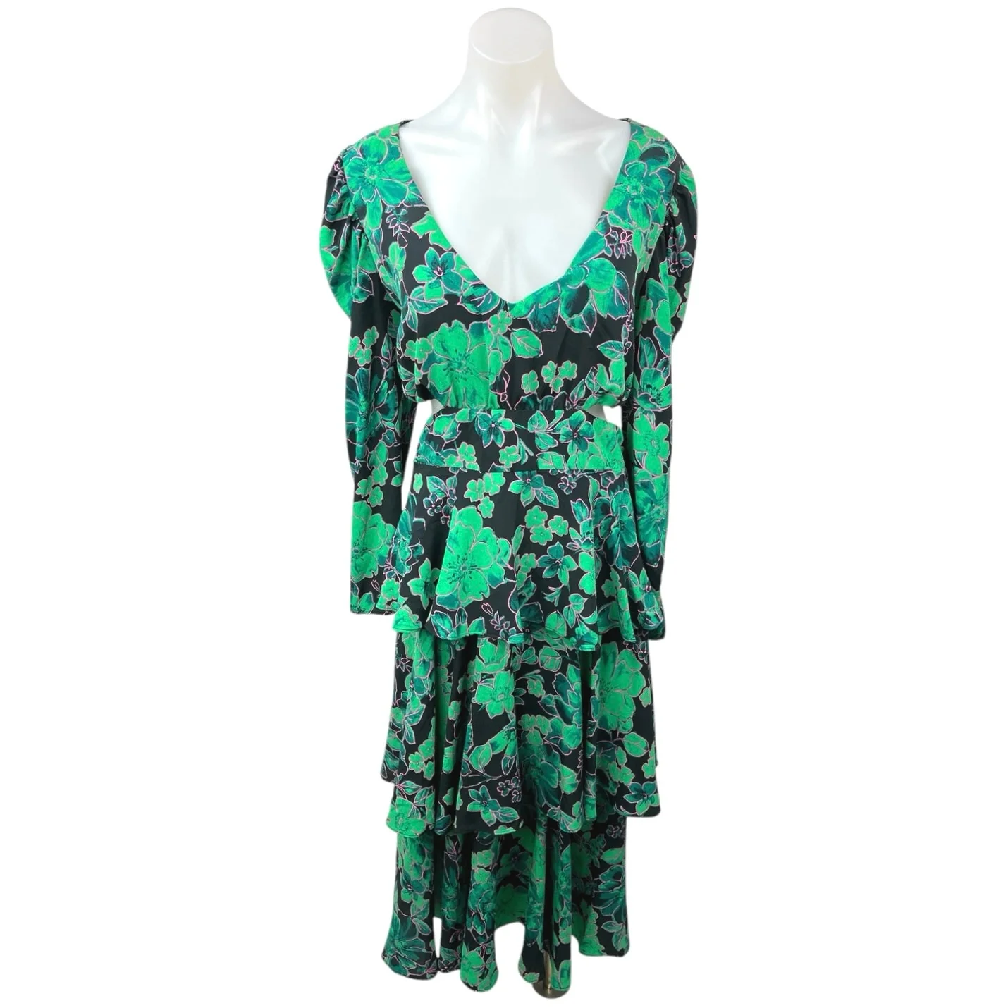 Topshop Green Black Floral V-neck Cutout Tiered Long Sleeve Midi A-line Dress 12