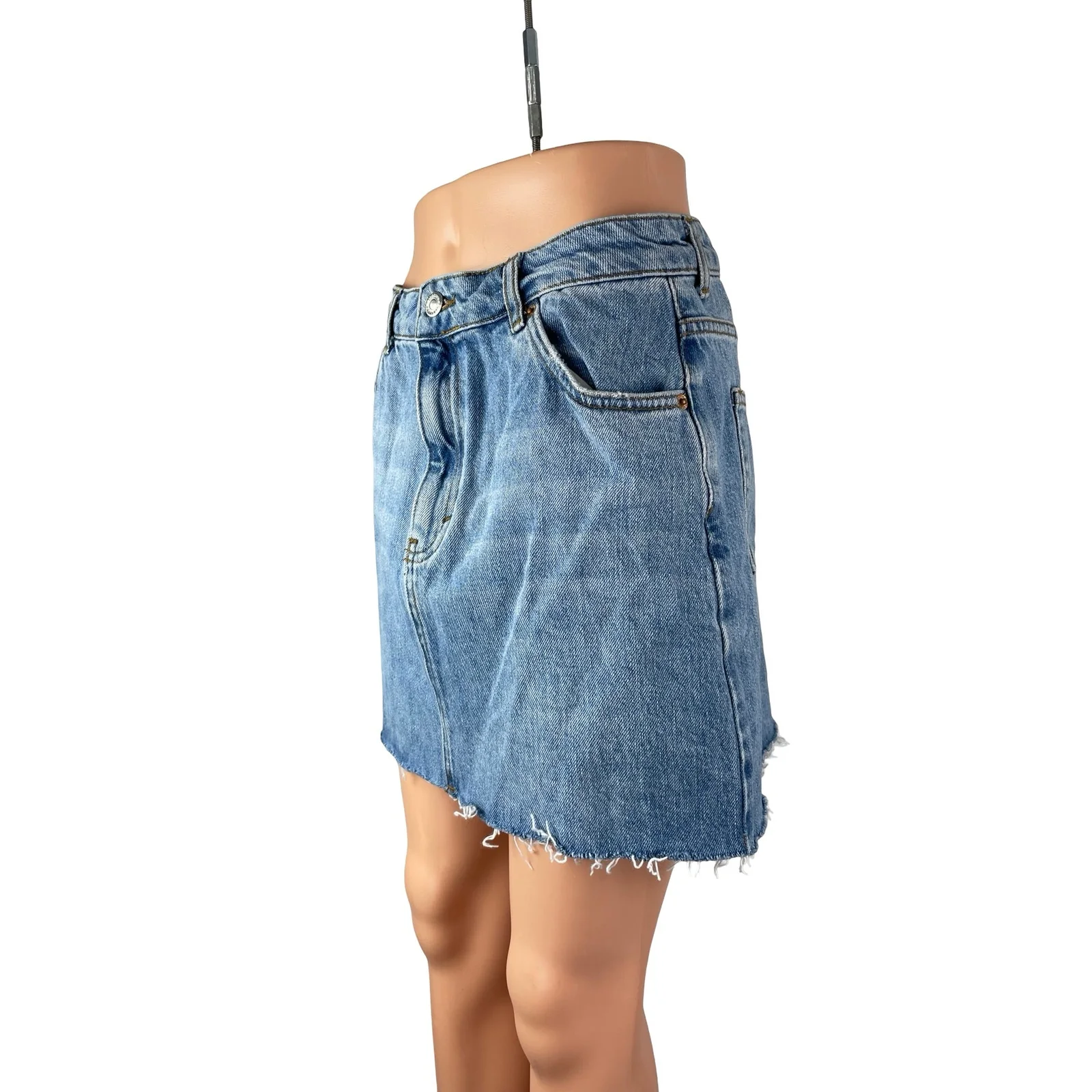 Topshop Moto Women Blue Medium Wash High Waist Raw Hem Pencil Denim Jean Skirt 8 - Image 2