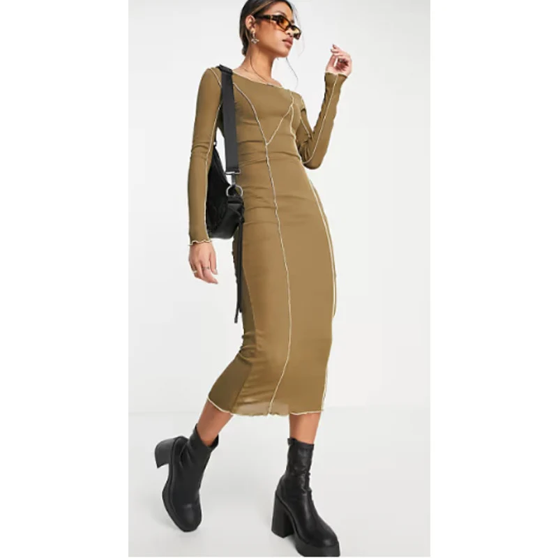 Topshop Olive Green Exposed Seam Knit Long Sleeve Bodycon Midi Dress Size 2 - Image 3