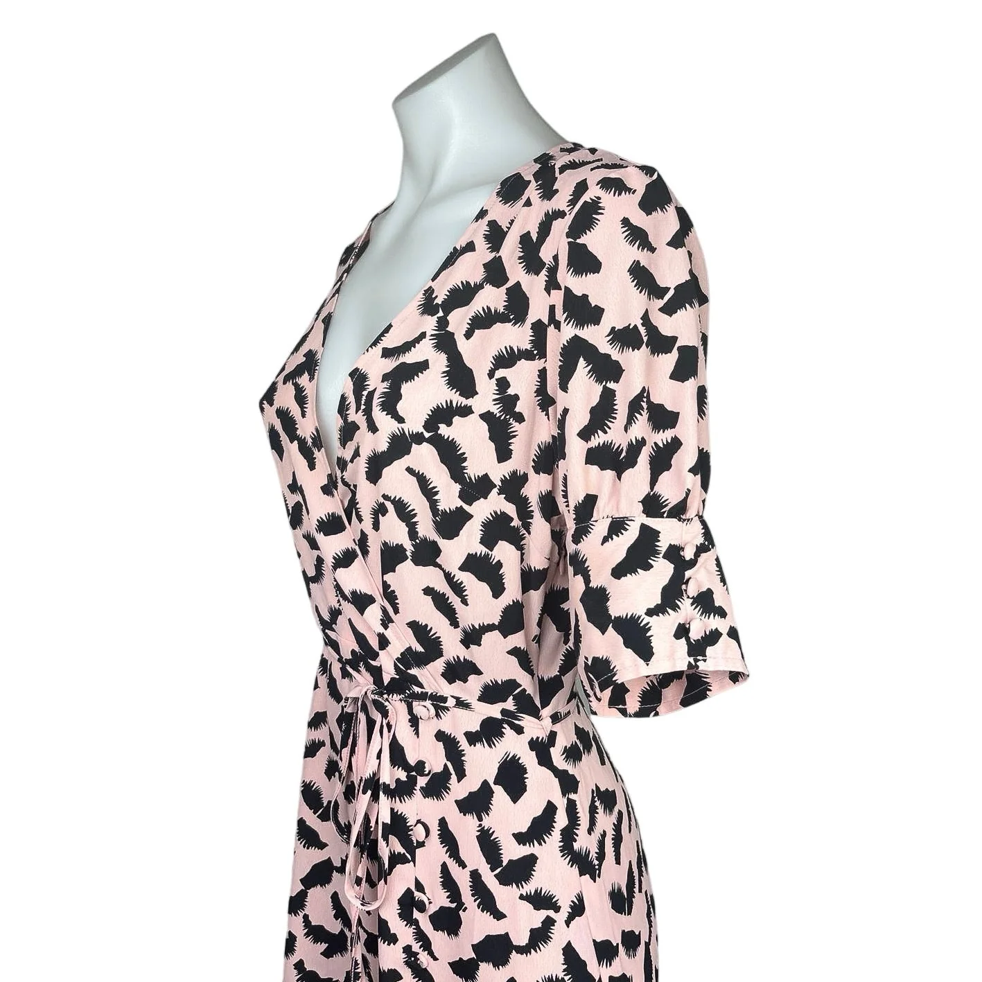 Topshop Pink V Neck Printed Tie Waist Drop Waist Flowy Midi Wrap Dress Size 4 - Image 4