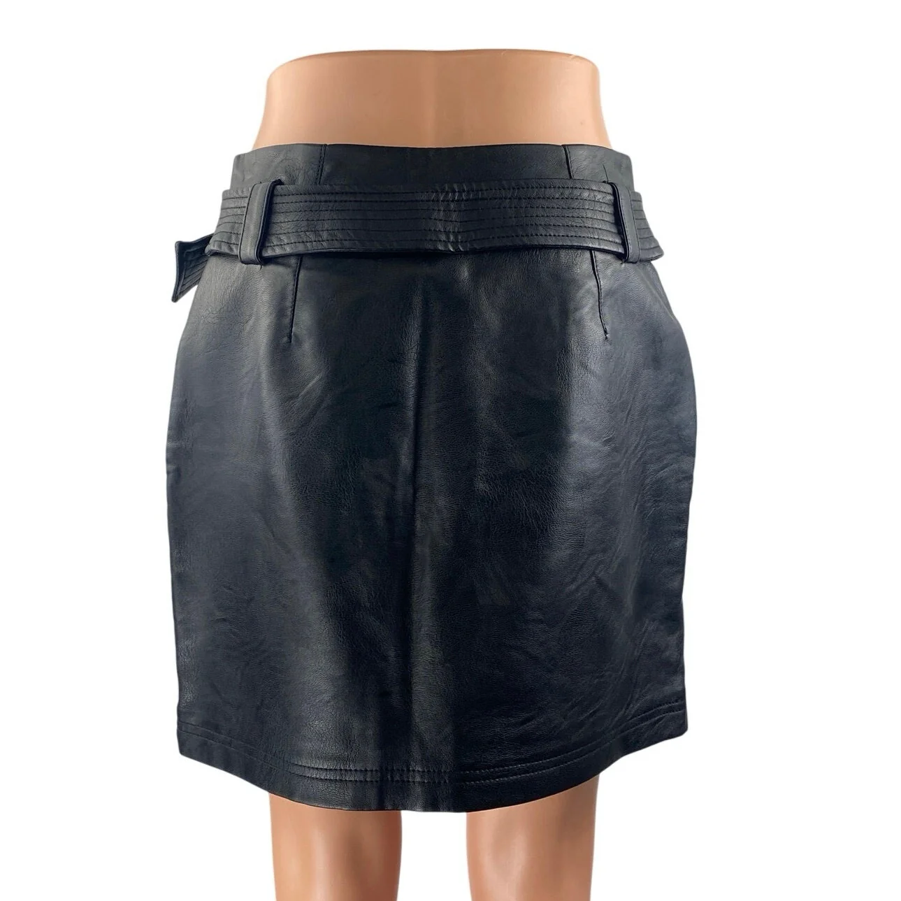 Topshop Women's Black Faux Vegan Leather Zip Up Belted Mini A-Line Skirt Size 38 - Image 3