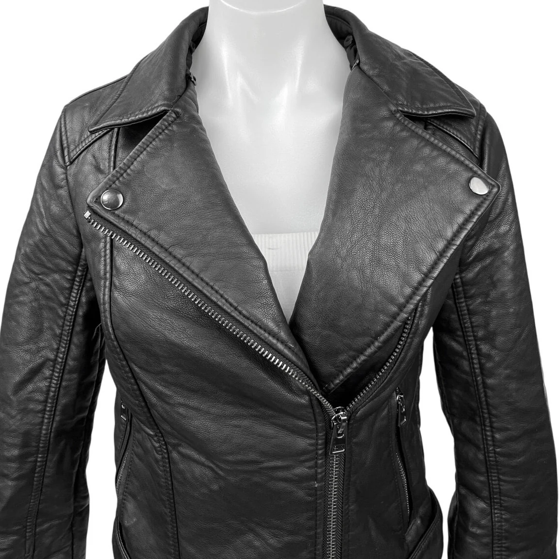 Topshop Womens Black Faux Vegan Leather Zip Up Collar Moto Coat Jacket Size 2 - Image 3