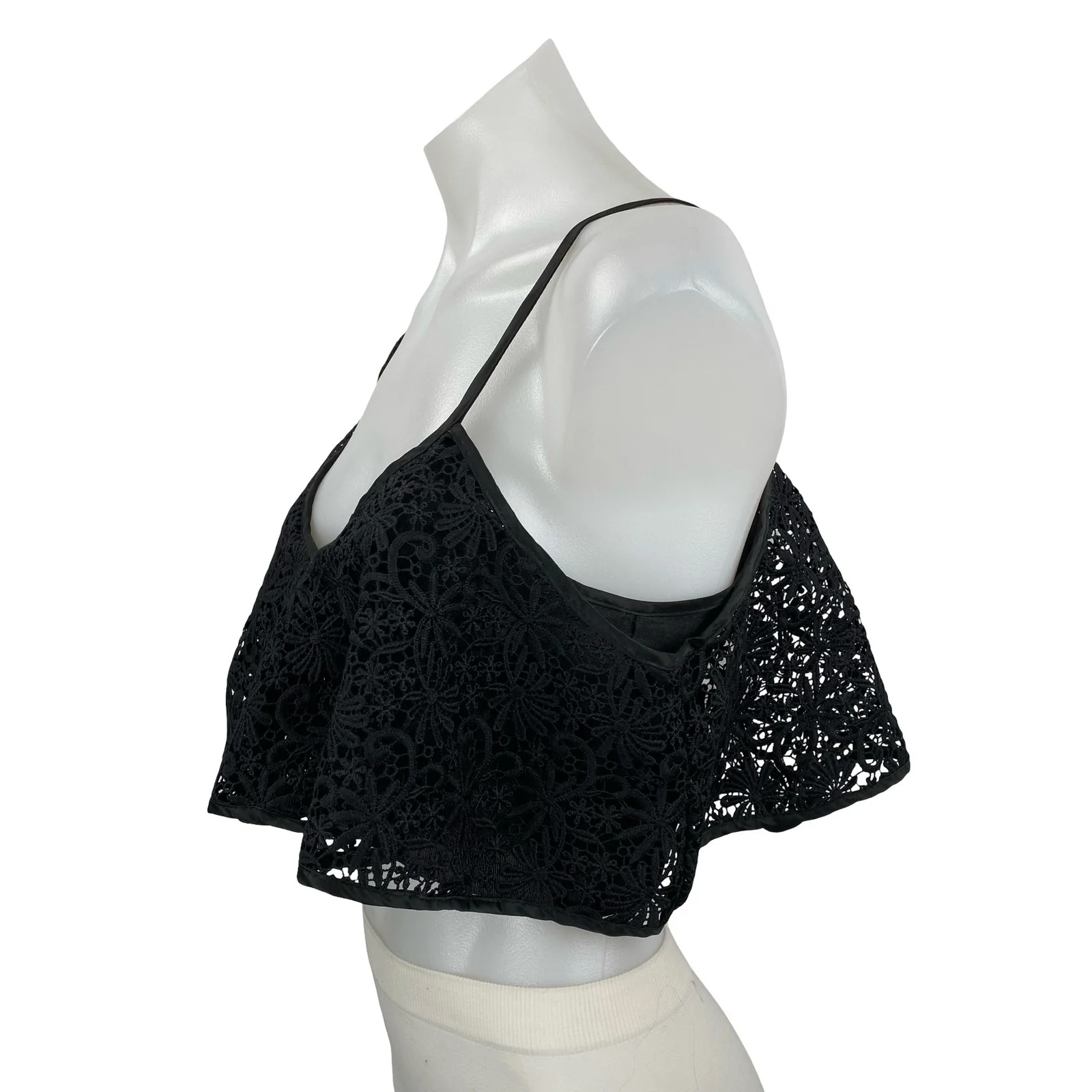 Topshop Women's Black Floral Crochet Lace Ruffle Asymmetrical Crop Tank Top Sz 2 - Image 2