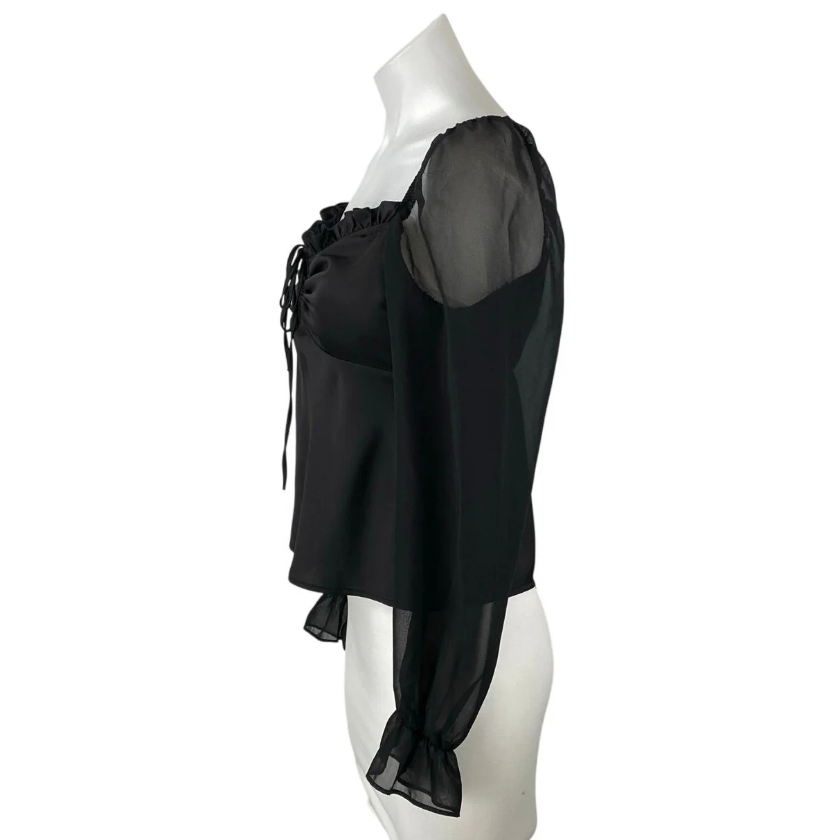 Topshop Women's Black Ruffle Ruched Front Sheer Long Puff Sleeve Blouse Top Sz 4 - Image 2