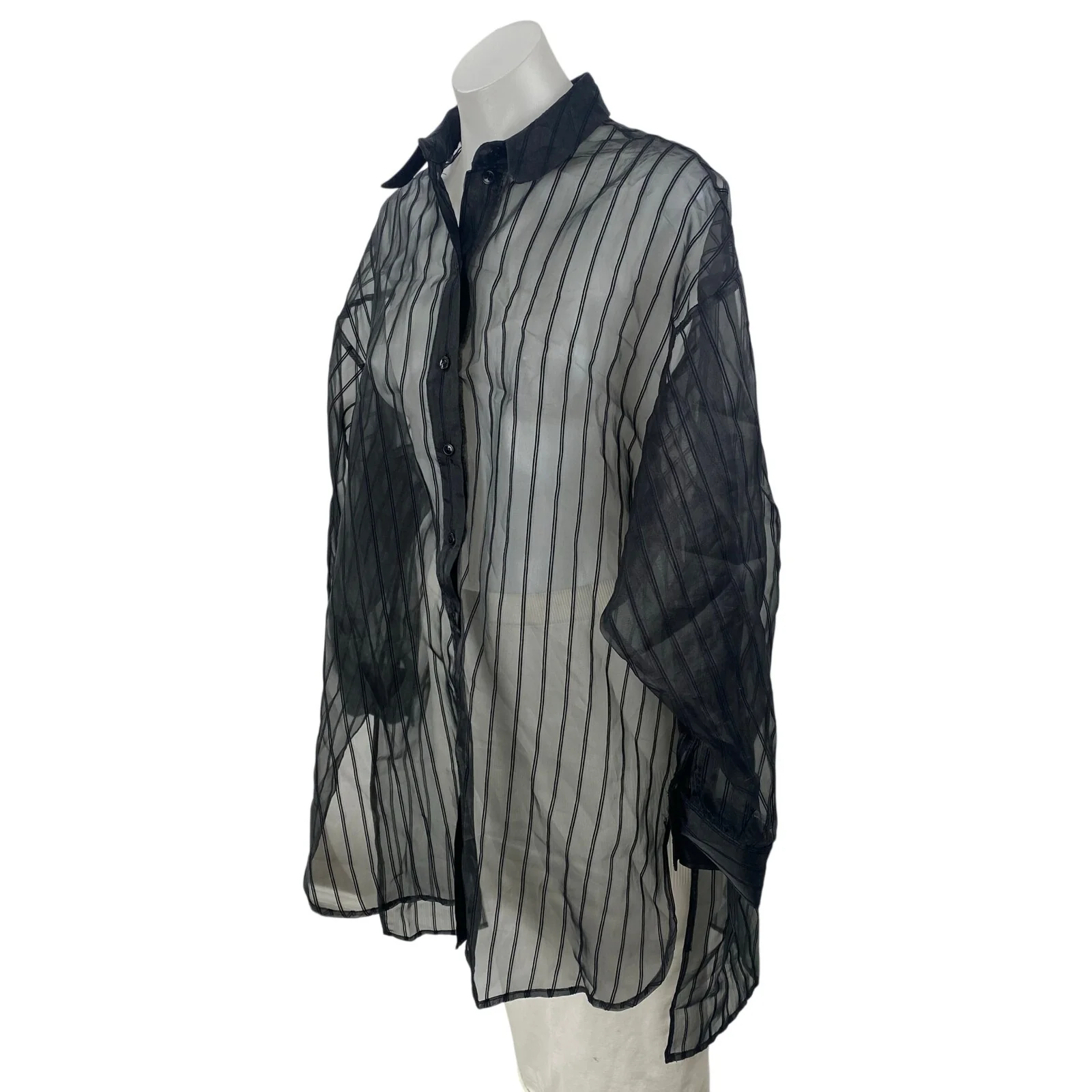 Topshop Women's Black Sheer Mesh Striped Long Sleeve Button Down Tunic Dress 4 - Image 2