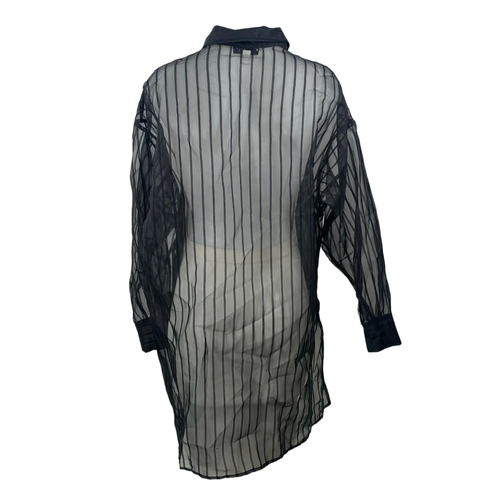 Topshop Women's Black Sheer Mesh Striped Long Sleeve Button Down Tunic Dress 4 - Image 4