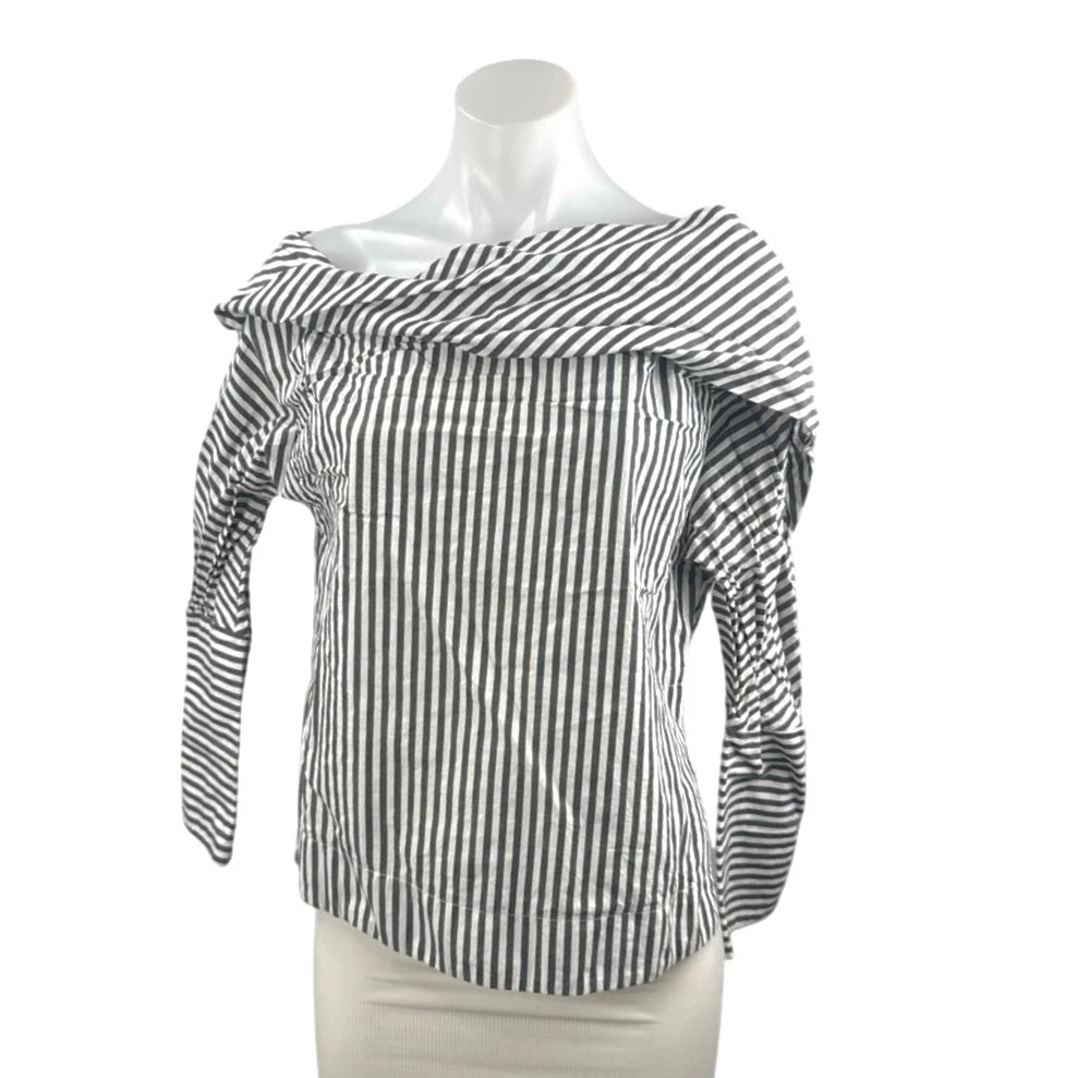 Topshop Women's Black White Striped Long Sleeve Boat Neck Collar Blouse Top 6