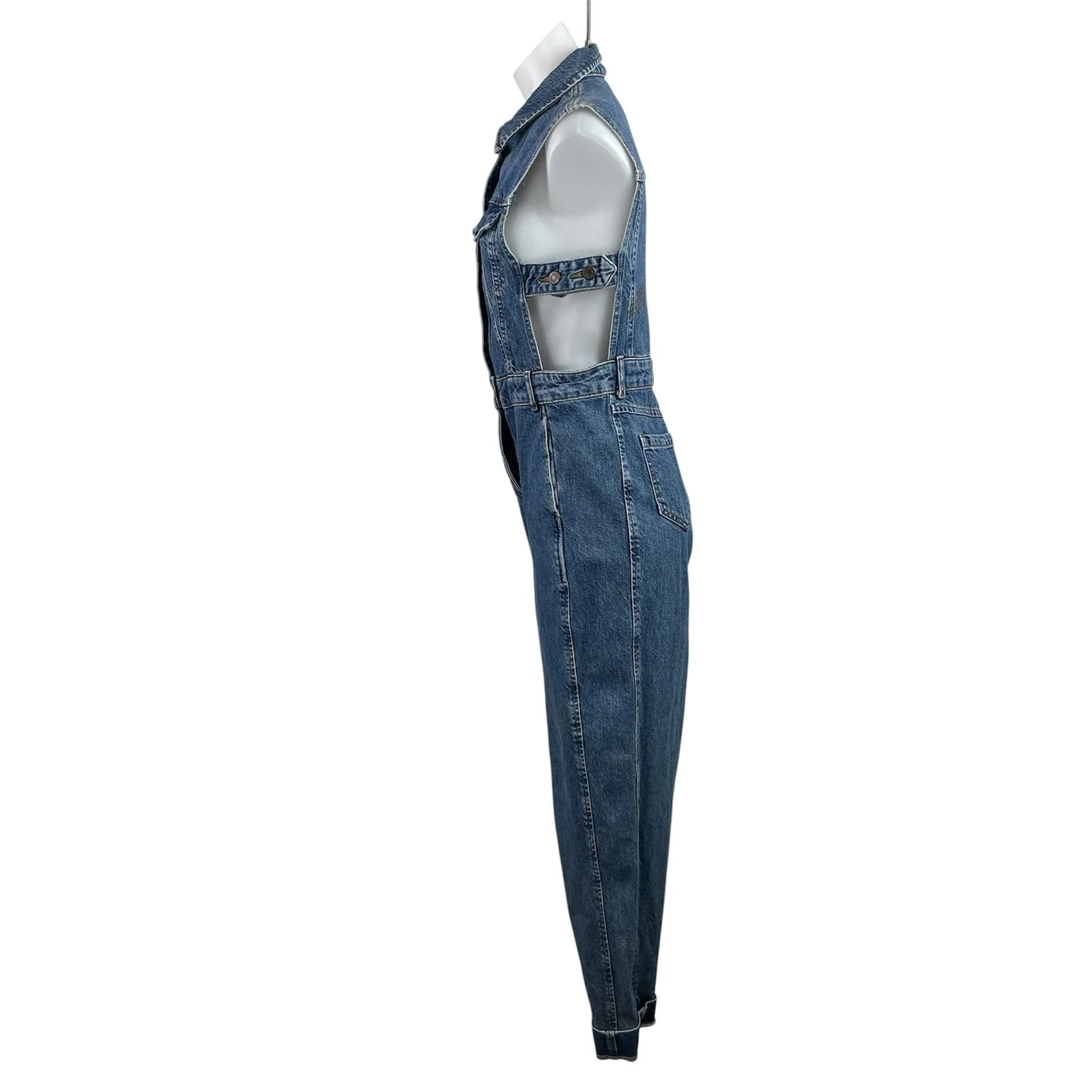 Topshop Women's Blue Sleeveless Denim Jean Button Up Overalls Jumpsuit Size M - Image 2