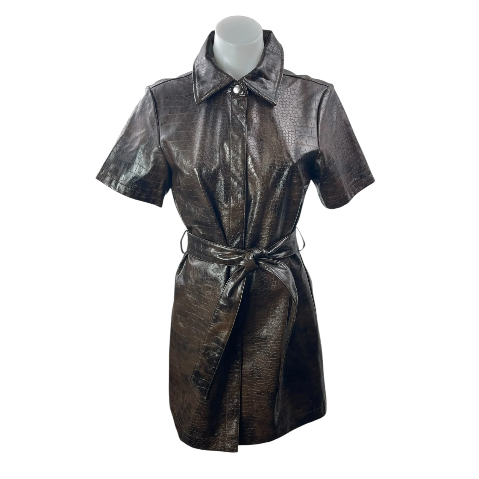 Topshop Women's Brown Croc Faux Leather Vegan Tie Waist A Line Mini Dress Size 6