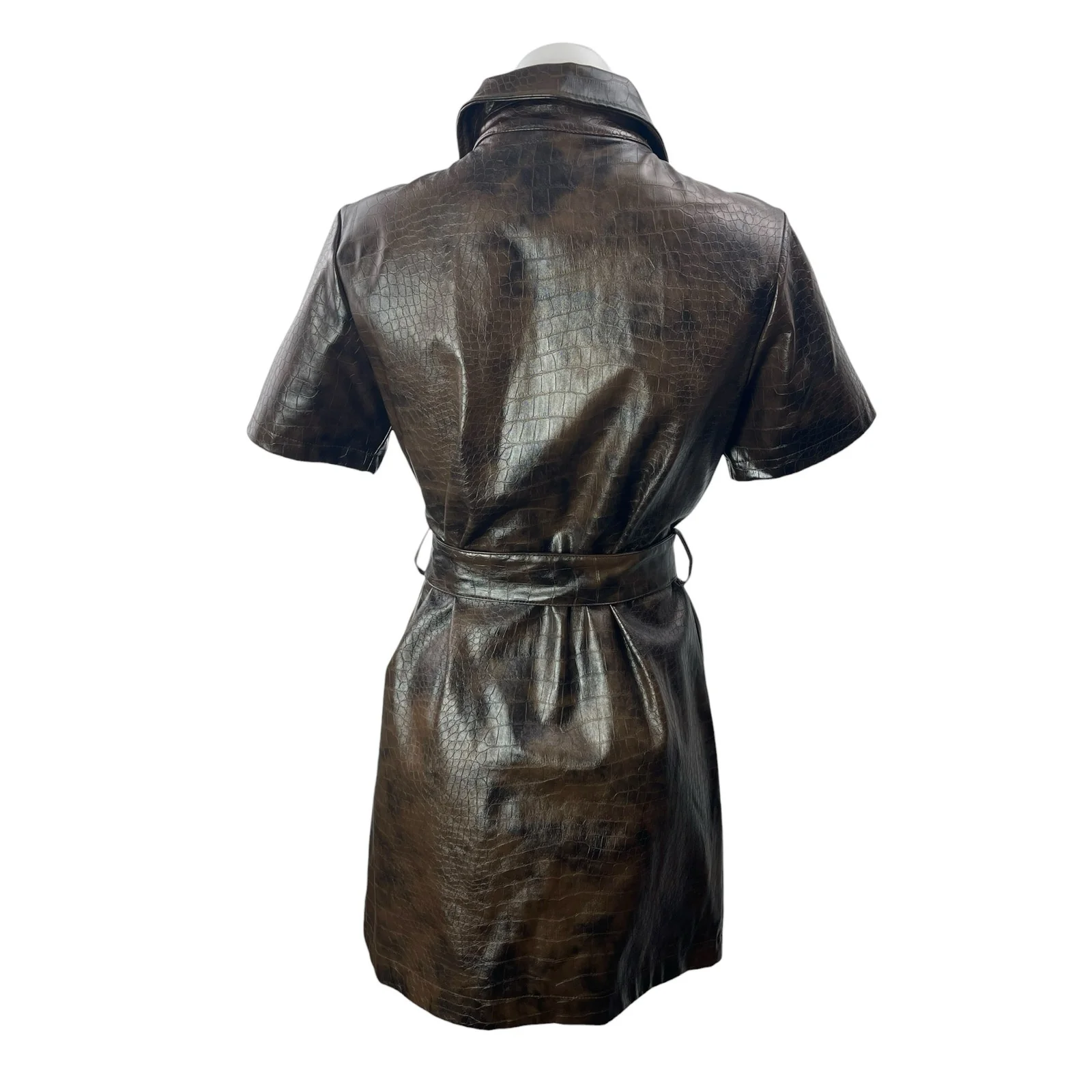 Topshop Women's Brown Croc Faux Leather Vegan Tie Waist A Line Mini Dress Size 6 - Image 2