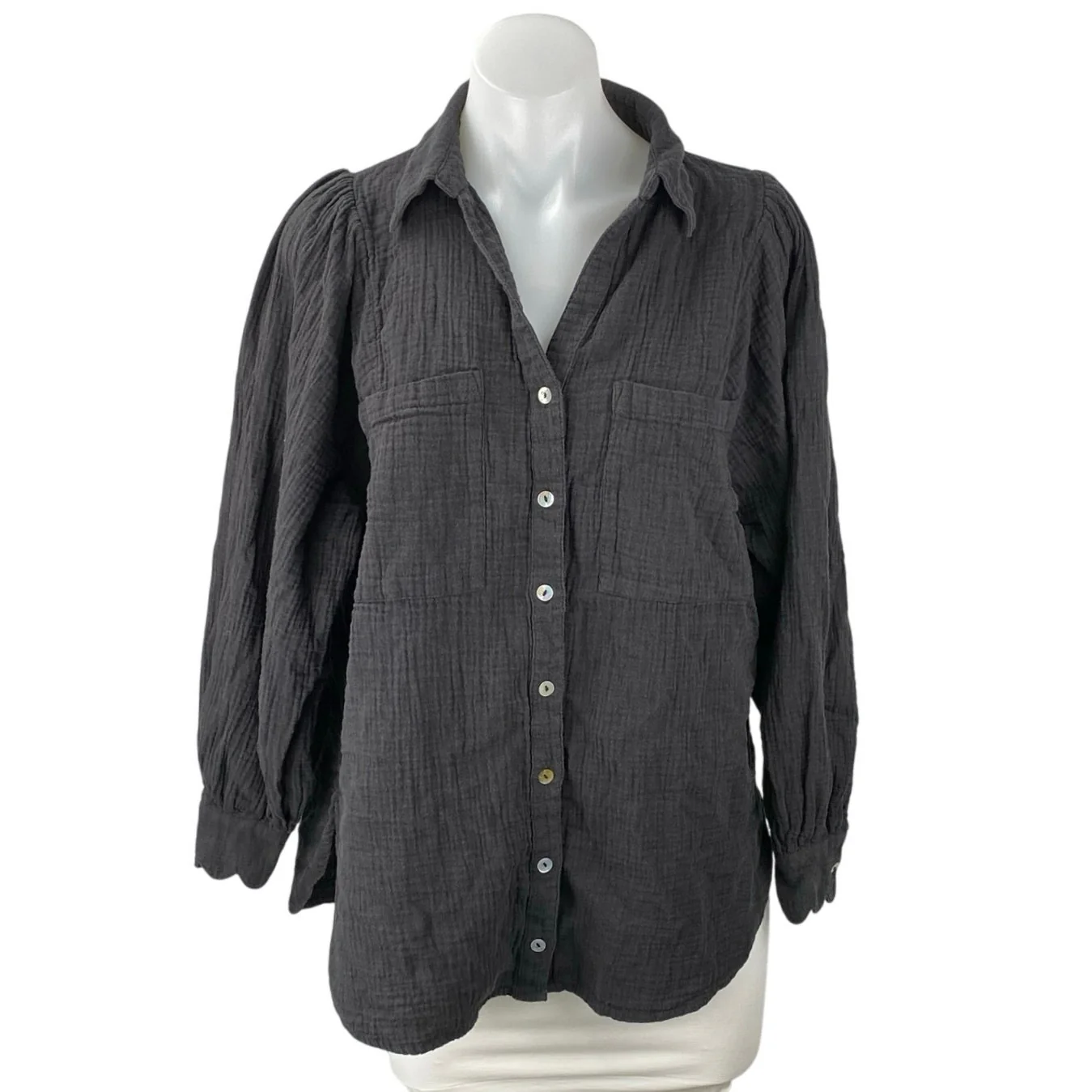 Topshop Women's Dark Gray Long Balloon Sleeve Pocket Button Up Shirt Top Size 2
