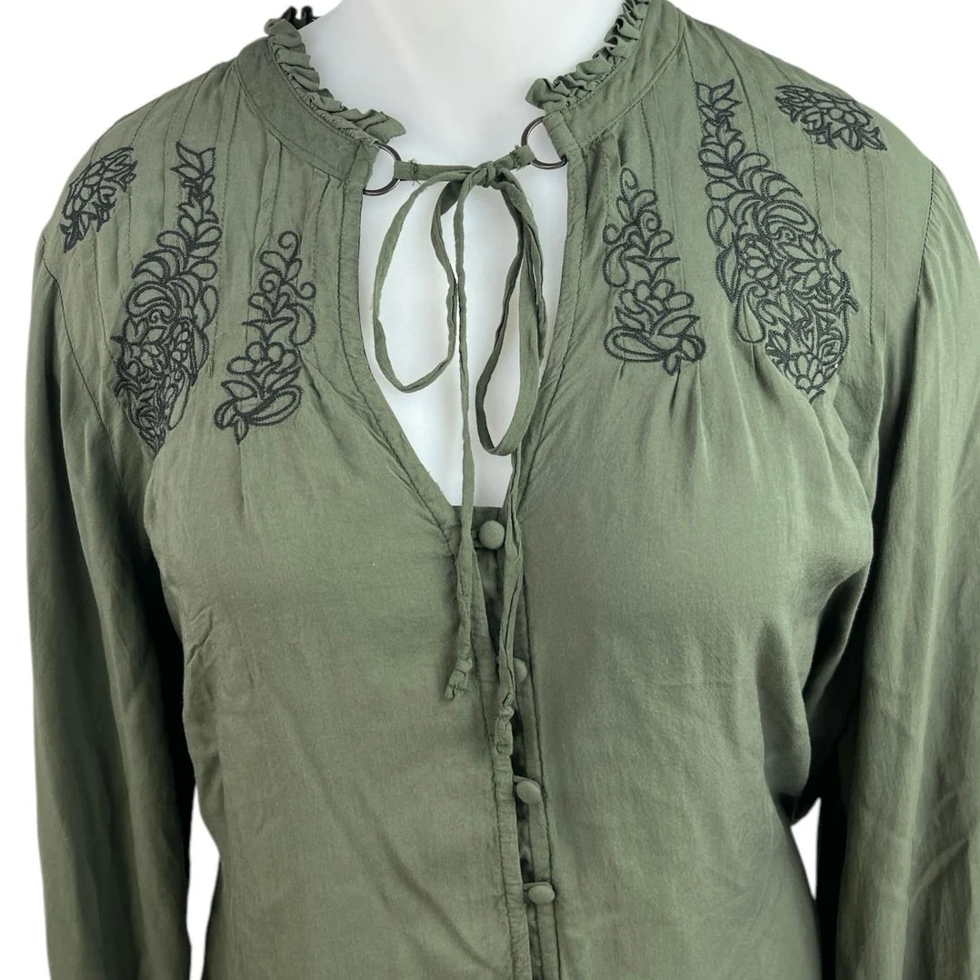 Torrid Green Floral Embroidered Long Sleeve Tie Neck Button Down Shirt Top Sz 2 - Image 3