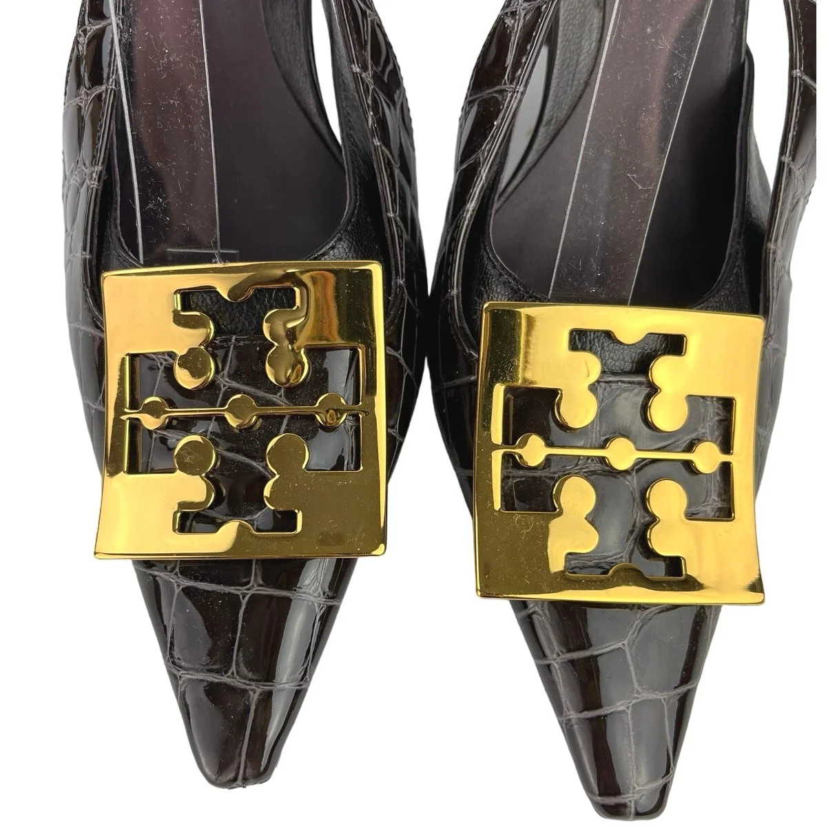Tory Burch Black Pointed Toe Patent Crocs Sling Back High Heels Pumps Shoes 7M - Image 4