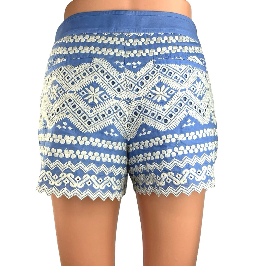 Tory Burch Blue White Embroidered Boho High Waisted Casual Shorts Size 4 - Image 3