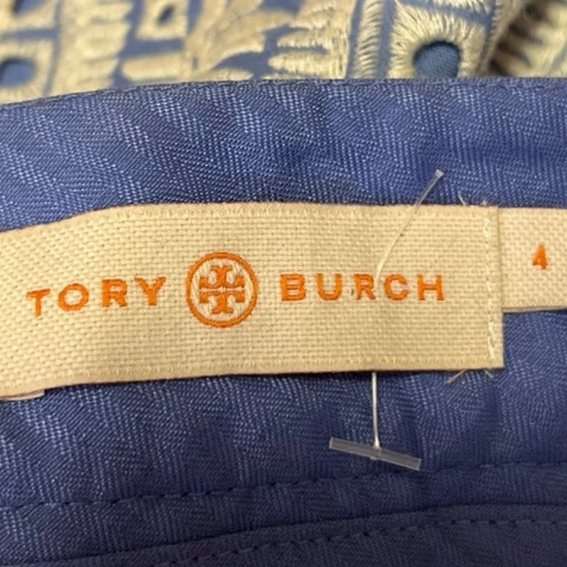 Tory Burch Blue White Embroidered Boho High Waisted Casual Shorts Size 4 - Image 5