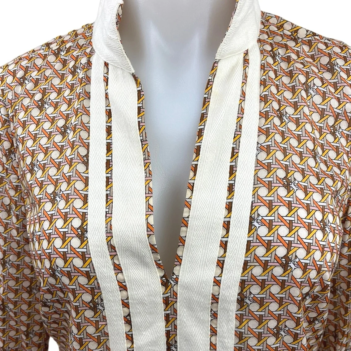 Tory Burch Multi Geometric Basket Weave Print Voile Tassel V-Neck Tunic Top XS - Image 3