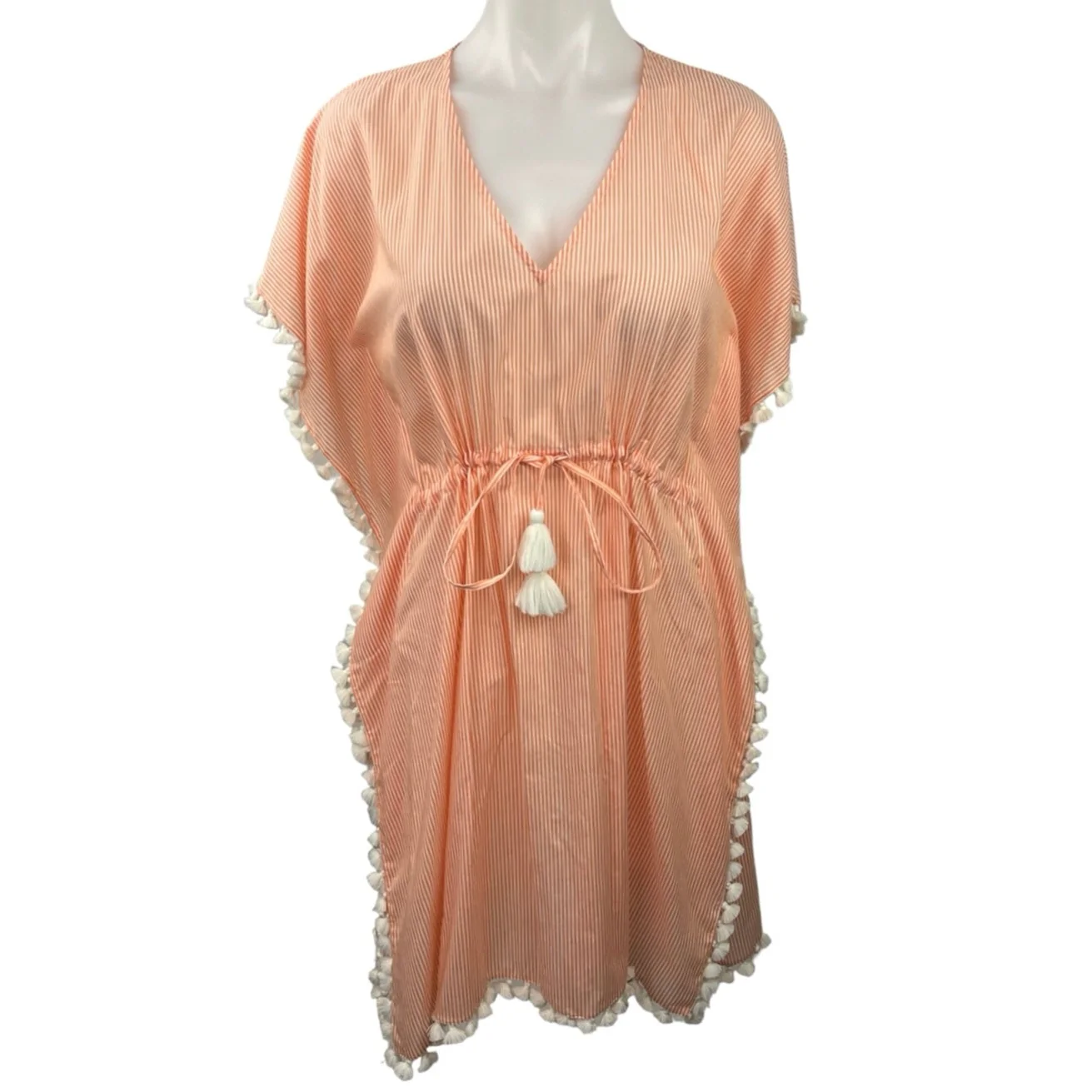 Tory Burch Orange White Striped V Neck Tassel Summer Swim Cover Up Dress Size XS