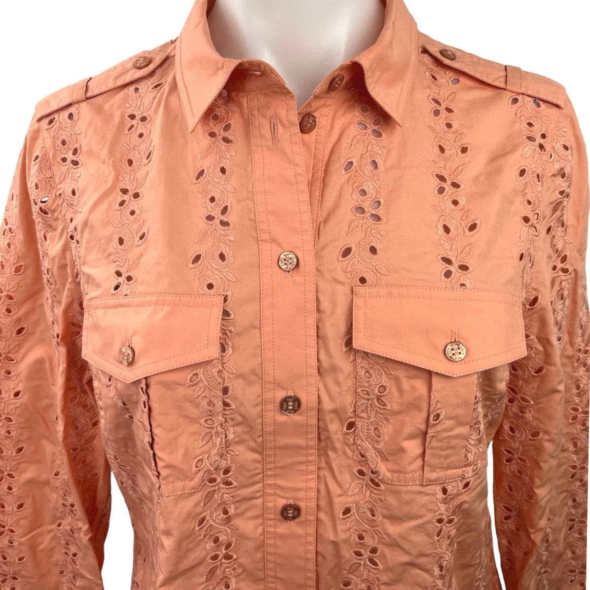 Tory Burch Orange Embroidered Eyelet Collared Long Sleeves Lace Shirts Size S - Image 3