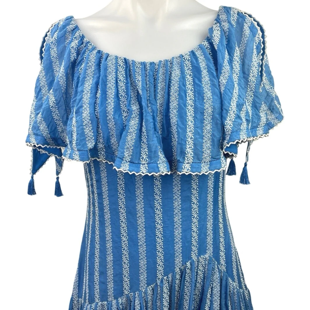 Tory Burch Runway 2019 Blue Embroidered Floral Striped Scoop Neck Midi Dress M - Image 4