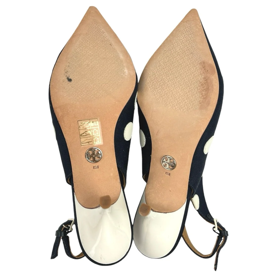 Tory Burch Spencer Navy Blue Polka Dots Canvas Leather Slingback Pumps Shoes 8M - Image 5