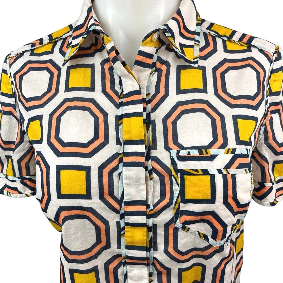 Tory Burch Yellow Multicolor Geometric Short Sleeve Button Down Shirt Top Sz 2 - Image 3